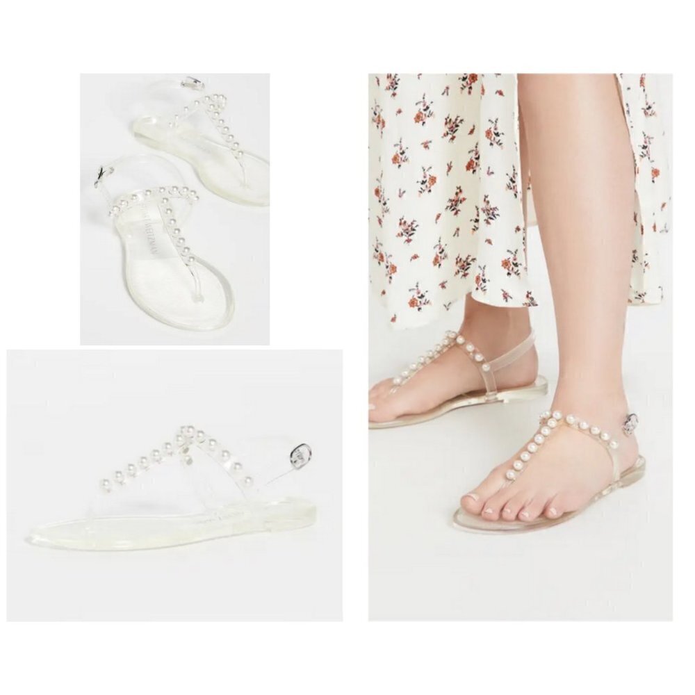 💕STUART WEITZMAN💕 Goldie Jelly Sandal Thong ~ Clear Pearl Embellishments 12